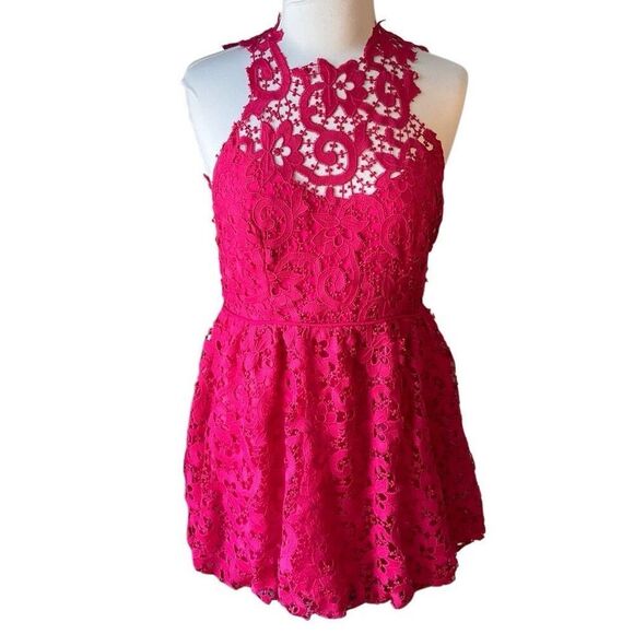 Saylor Hot Pink Lace Backless Mini Bubble Skirt Dress, M Pockets! - Picture 10 of 16